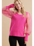 Cleo Sheer Sleeve Knit Top-Pink