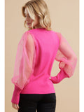 Cleo Sheer Sleeve Knit Top-Pink