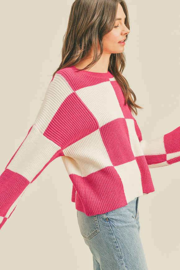 Erin Oversized Checker Sweater-Hot Pink