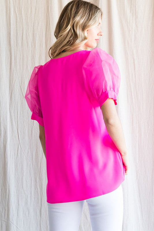 Hot Pink V-Neck Poofy Sleeve Blouse