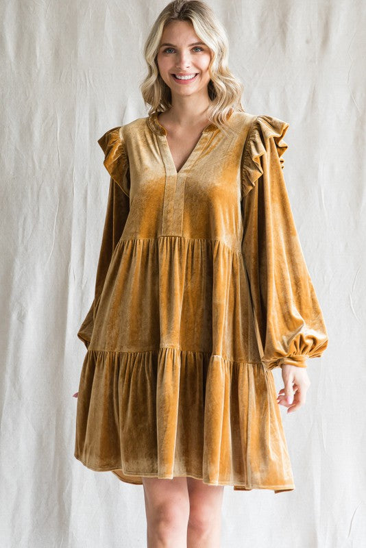 Faith Velvet Ruffled Dress-Mustard – Missy's Boutique