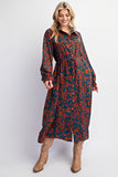 Savvy Teal Satin Printed Button Dress