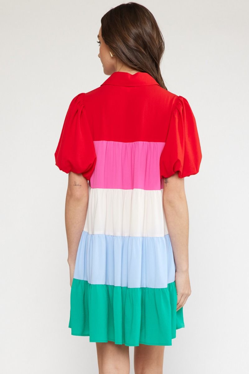 Gauze Colorblock Puff Sleeve Tiered Dress