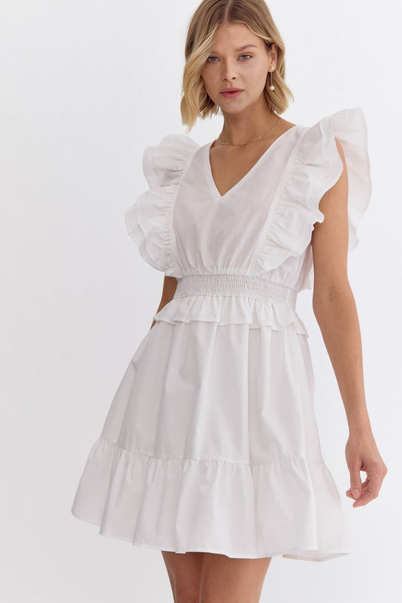 Sage Ruffled Solid Mini Dress -White