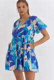Breanna Print Mini Dress-Blue