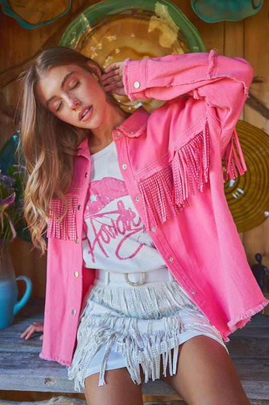 Jill Studded Fringe Denim Jacket-Pink – Missy's Boutique
