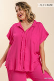 Ivy Linen Collar Button Down Top-Pink-Curvy