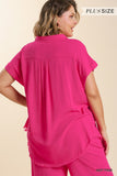 Ivy Linen Collar Button Down Top-Pink-Curvy