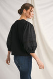 Rose Puff 3/4 Sleeve Solid Top-CURVY