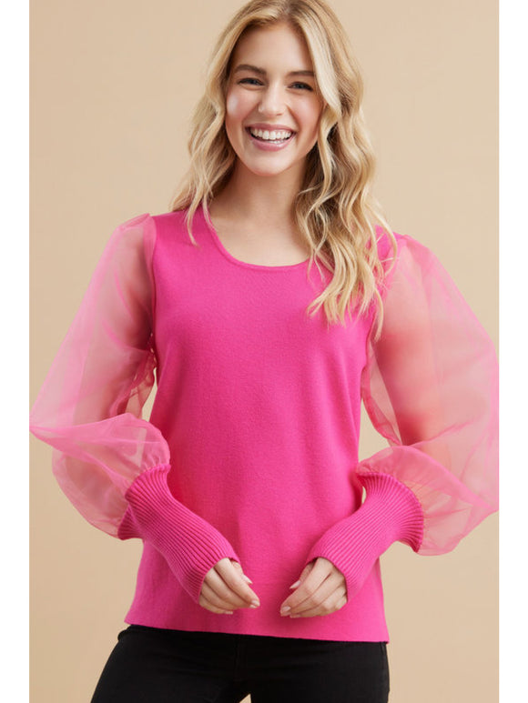 Cleo Sheer Sleeve Knit Top-Pink