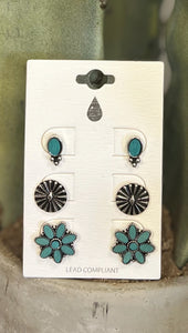 3 Pair Turquoise Stud Earrings