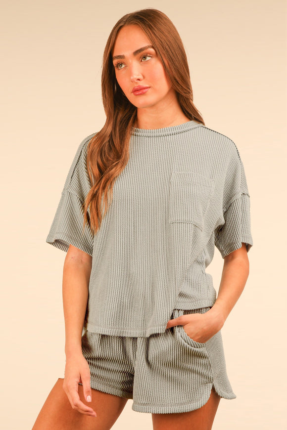 Perry Ribbed Button Detail Short Set-Sage