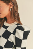 Madison Puff Sleeve Checkerboard Sweater-Black