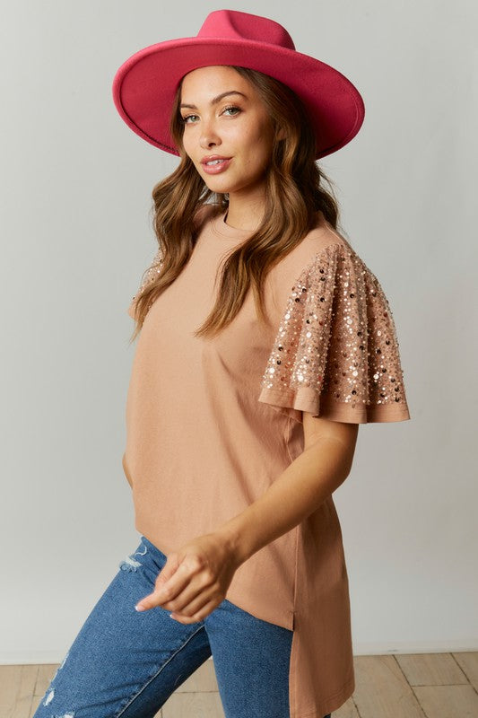 Hollie Sequin Sleeve Knit Top-Tan