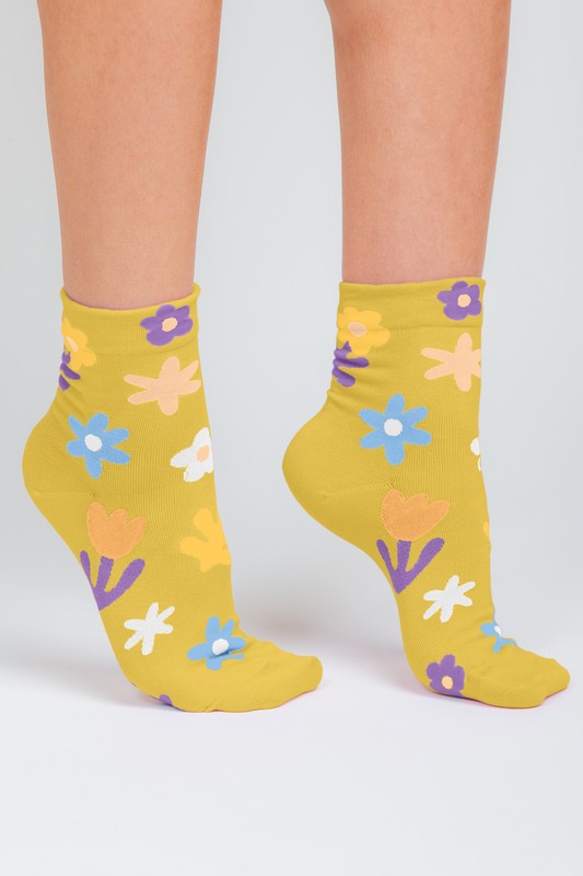 Roslynn Floral Print Causal Socks-Mustard
