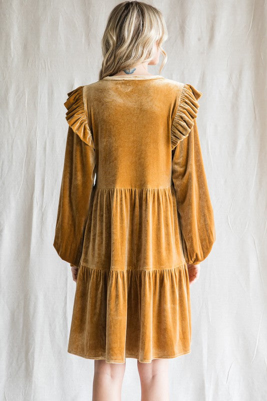 mustard yellow ruffle dress Faith Velvet Ruffled Dress-Mustard – Missy's Boutique