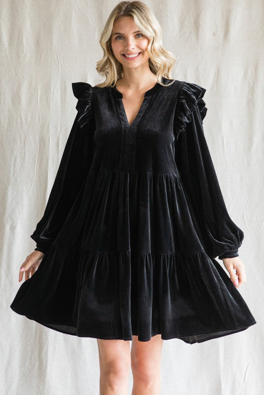 Faith Velvet Ruffled Dress-Black