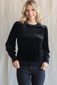 Kim Velvet Puffed Sleeve Sweatshirt-Black