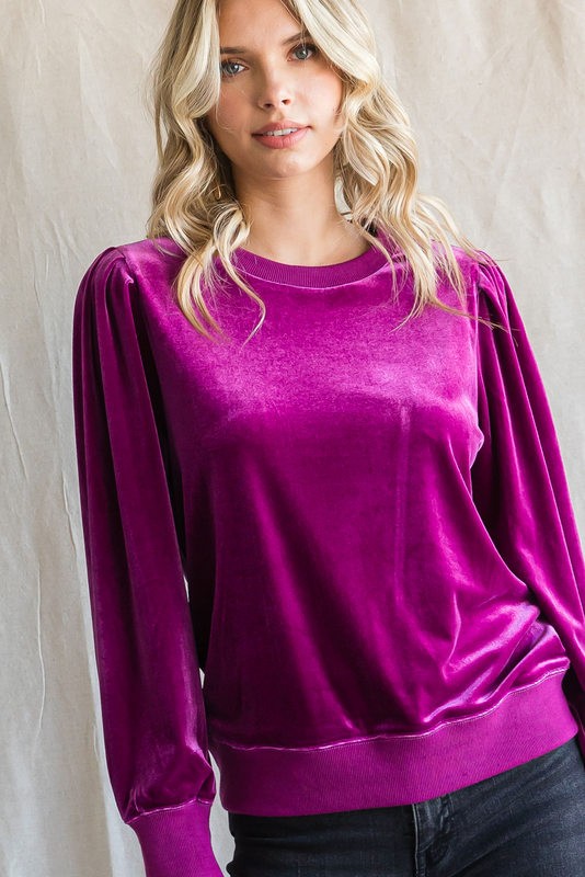Kim Velvet Puffed Sleeve Sweatshirt-Magenta