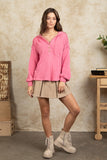 Hazel Hooded Knit Henley Top-Pink