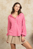 Hazel Hooded Knit Henley Top-Pink