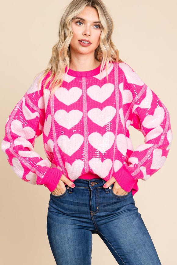 Sequin Heart Print Knit Pullover