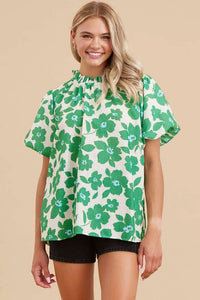 Jenna Flower Print Puffed Sleeves Top-Green