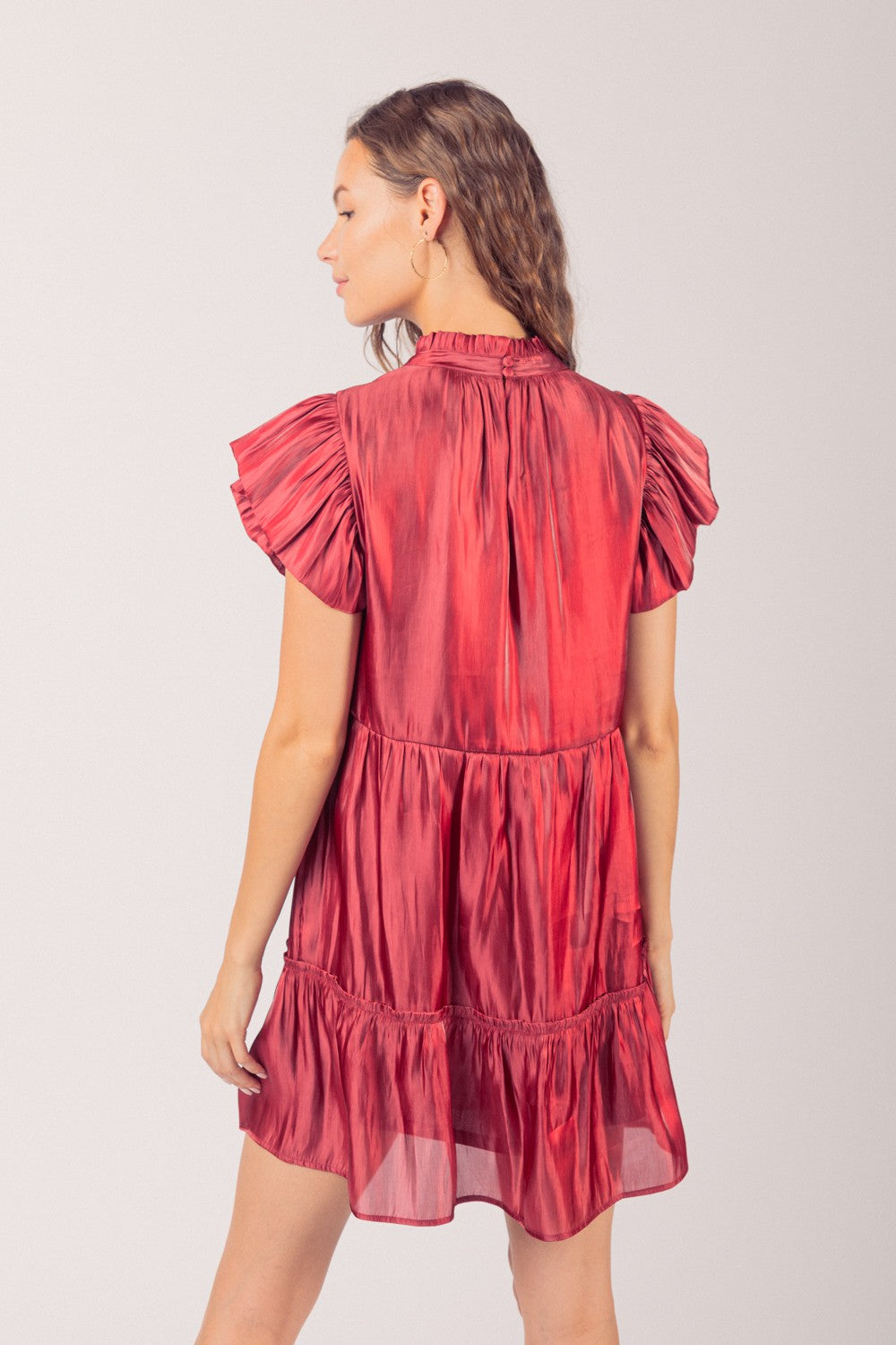 shiny red mini dress Tina Shiny Ruffle Neck Mini Dress-Brick – Missy's Boutique