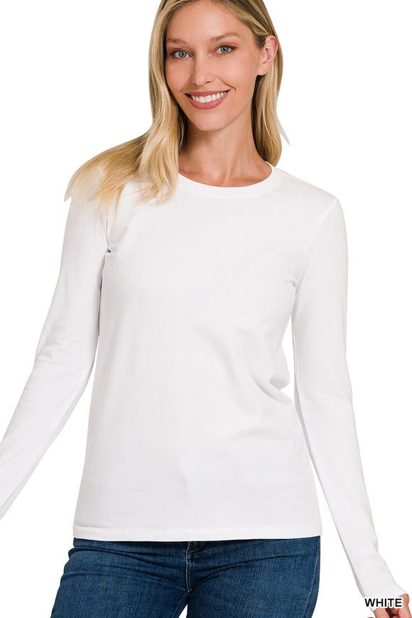 Fallon Cotton Crew Neck Long Sleeve T-Shirt- White