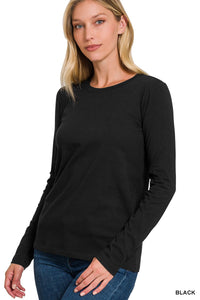 Fallon Cotton Crew Neck Long Sleeve T-Shirt- Black