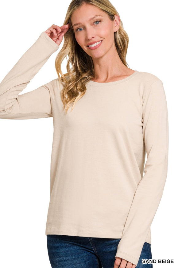 Fallon Cotton Crew Neck Long Sleeve T-Shirt- Sand Beige