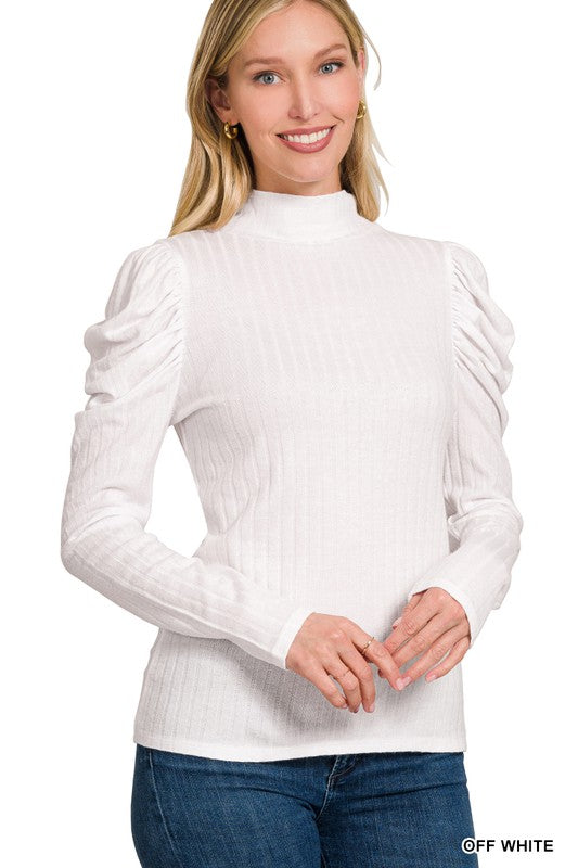 Kate Ribbed Puff Sleeve Mock Neck Top-White