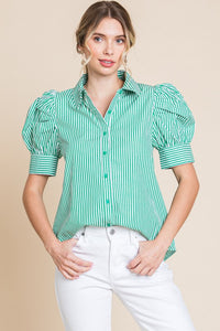 Grace Striped Puff Sleeve Top-Green