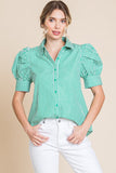 Grace Striped Puff Sleeve Top-Green