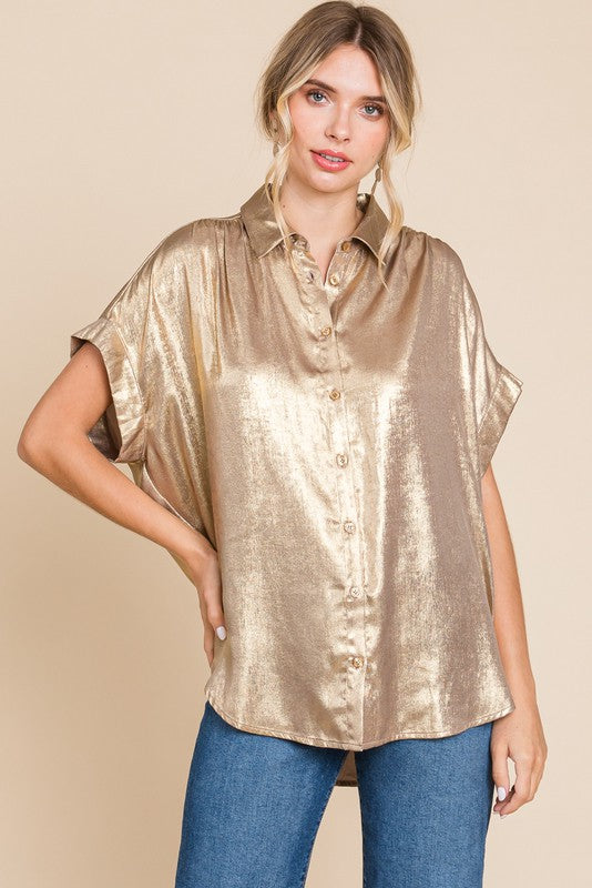 Landry Metallic Collard Button Up Top Gold