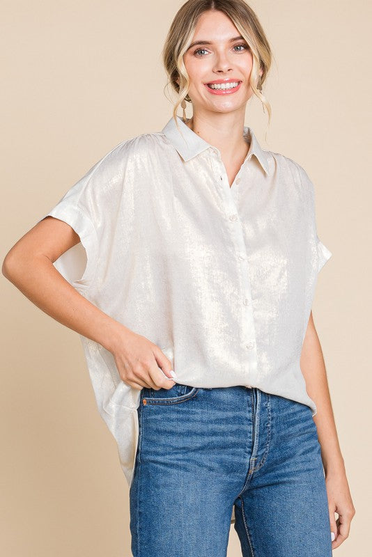 Lisa Metallic Collared Button Up Top