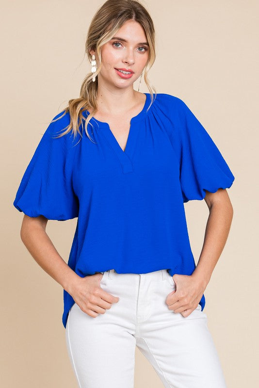 Sadie Solid Balloon Sleeve Top-Royal Blue