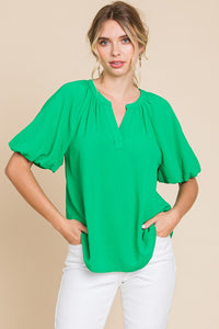 Sadie Solid Balloon Sleeve Top-Green