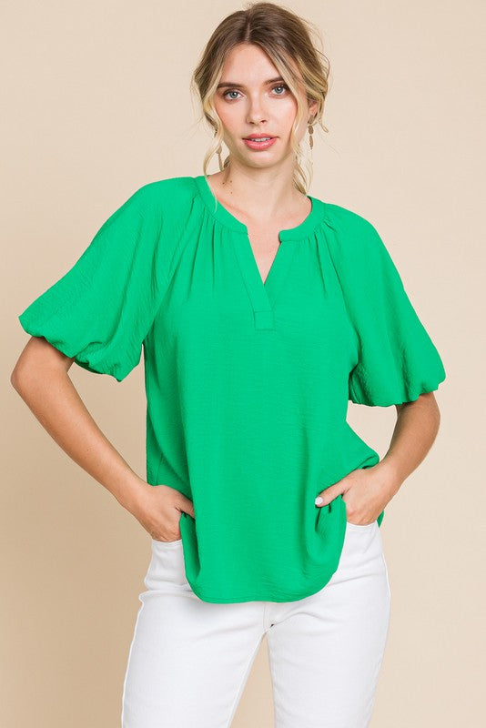 Sadie Solid Balloon Sleeve Top-Green