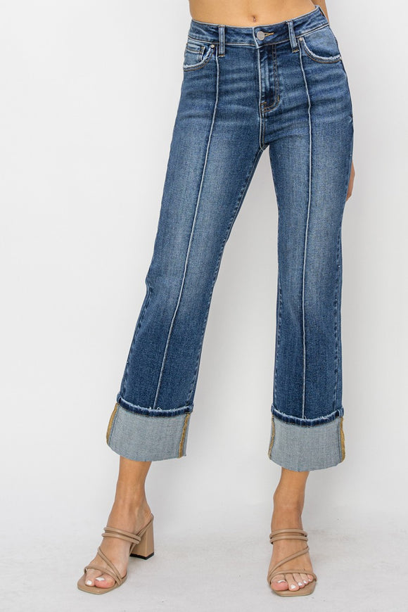 Risen H/R Ankle Stright-Wide Cuffed Jeans Dark