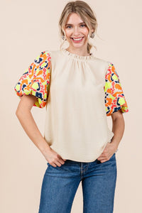 Mila Embroidered Balloon sleeve top- Oatmeal