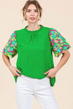 Mila Embroidered Balloon Sleeve top- Green