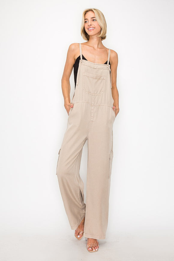 Marcella Wide Leg Tencel Overalls-Taupe