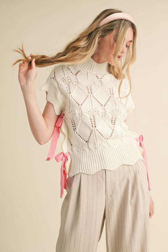 Lily Mocked Neck Sweater Vest- Cream Pink