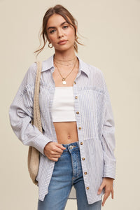 Hollyn Pin-Stripe Button Up Top -Blue