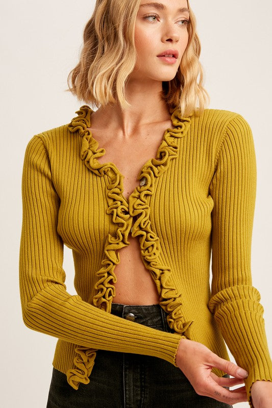 Arlo Ribbed Ruffled Crop Knit Cardigan