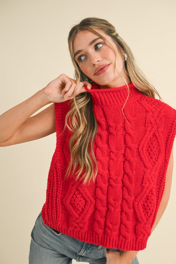 Chunky Cable Knit Sweater Vest- Red