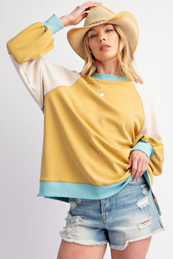 Ally Color Block Knit Pullover-Mustard Combo