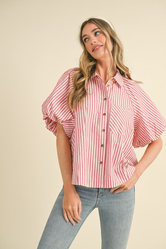 Bryar Bubble Sleeve Pink Stripe Top