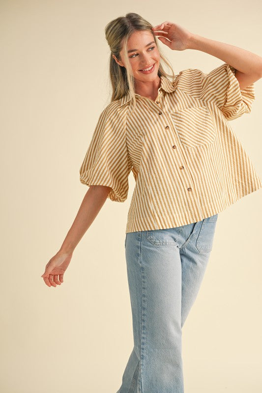 Bryar Bubble Sleeve Stripe Top- Mustard